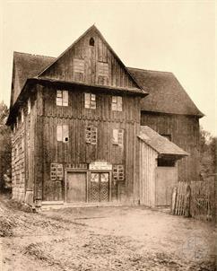 The wooden synagogue in Khyriv was built in 1720, rebuilt in 1802. Destroyed during World War II. Above the entrance depicts lions and a verse from the psalms: "This is the gates of the Lord, the righteous will enter them"