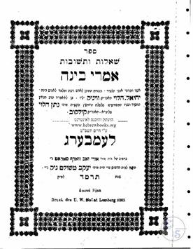 A book 'Amri Bina' printed in Lemberg (Lviv) in 1885. It is indicated that its author is Nathan Halevi, the rabbi of the city of Kulykiv A book 'Amri Bina' printed in Lemberg (Lviv) in 1885. It is indicated that its author is Nathan Halevi, the rabbi of the city of Kulykiv