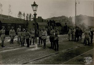 Austrian soldiers in front of an armored train in Lavochne, 1915