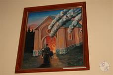 Painting in the Museum. "Priest Omelian Kovch rescues rabbi from Belz from burning synagogue" Painting in the Museum. "Priest Omelian Kovch rescues rabbi from Belz from burning synagogue"