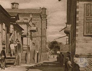 Ковель, 1916 г. Фрагмент австрийской открытки. Улица Юденгассе, слева видна синагога Ковель, 1916 г. Фрагмент австрийской открытки. Улица Юденгассе, слева видна синагога