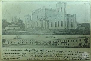 Postal card with the image of a synagogue (above) and a palace (below) of Rabbi David Moshe Postal card with the image of a synagogue (above) and a palace (below) of Rabbi David Moshe