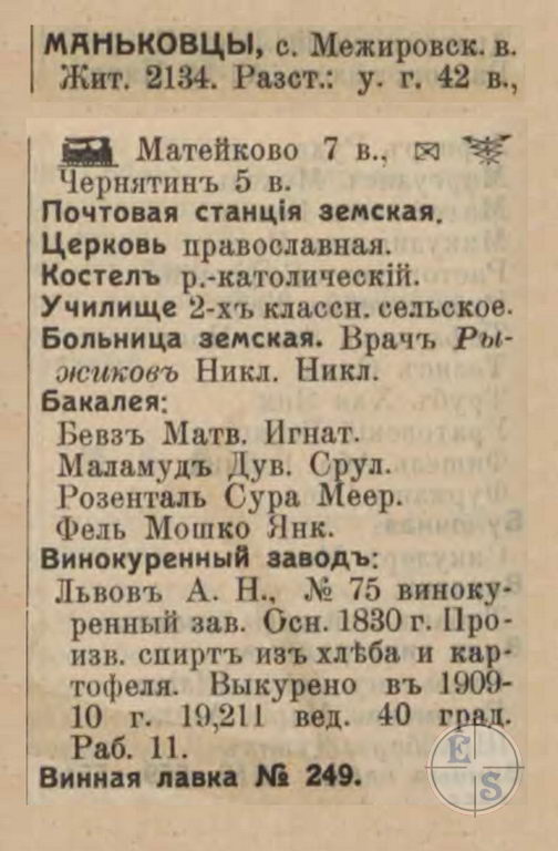 Маньковцы в справочнике "Весь Юго-Западный край", 1913 Маньковцы в справочнике "Весь Юго-Западный край", 1913