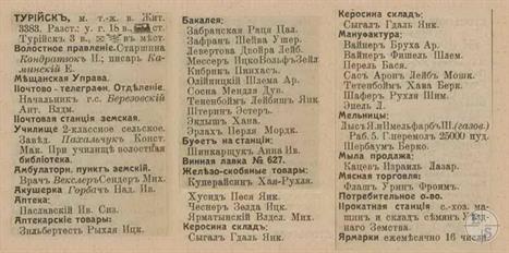 Turiisk in the 1913 directory. It can be seen that all shops in the town belonged to Jews Turiisk in the 1913 directory. It can be seen that all shops in the town belonged to Jews