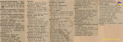 Мокрая Калигорка в справочнике "Весь Юго-Западный край" 1913 года. Практически все фамилии владельцев магазинов и лавок - еврейские