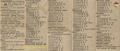 Медведовка в справочнике "Весь Юго-Западный край" 1913 года. Практически все фамилии владельцев магазинов и лавок - еврейские